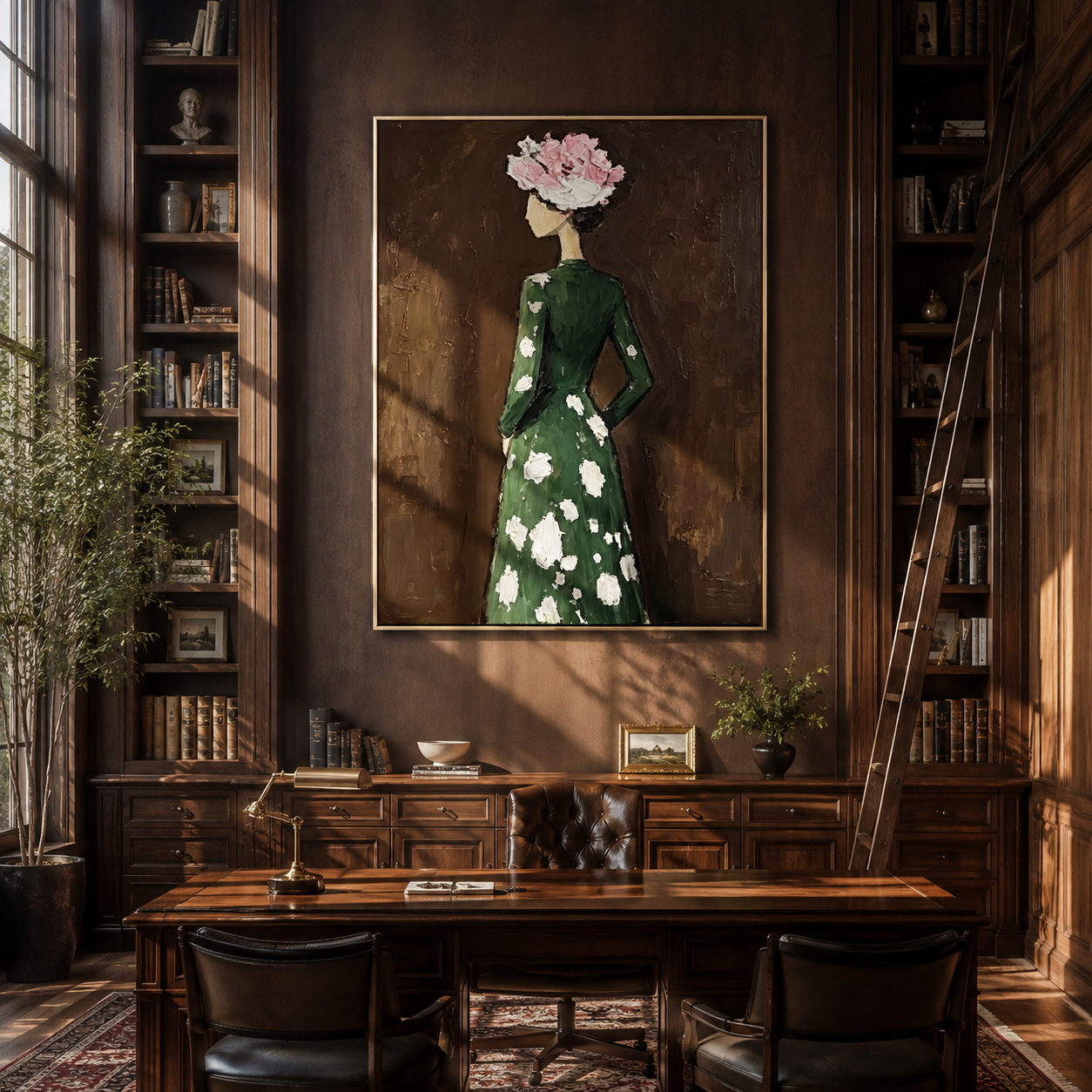White Flowers Turn Away - woman floral back portrait by Marcus Lau, retro modern vertical wall art – styled room scene view 3
