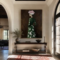 White Flowers Turn Away - woman floral back portrait by Marcus Lau, retro modern vertical wall art – styled room scene view 4