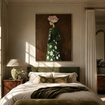 White Flowers Turn Away - woman floral back portrait by Marcus Lau, retro modern vertical wall art – styled room scene view 5