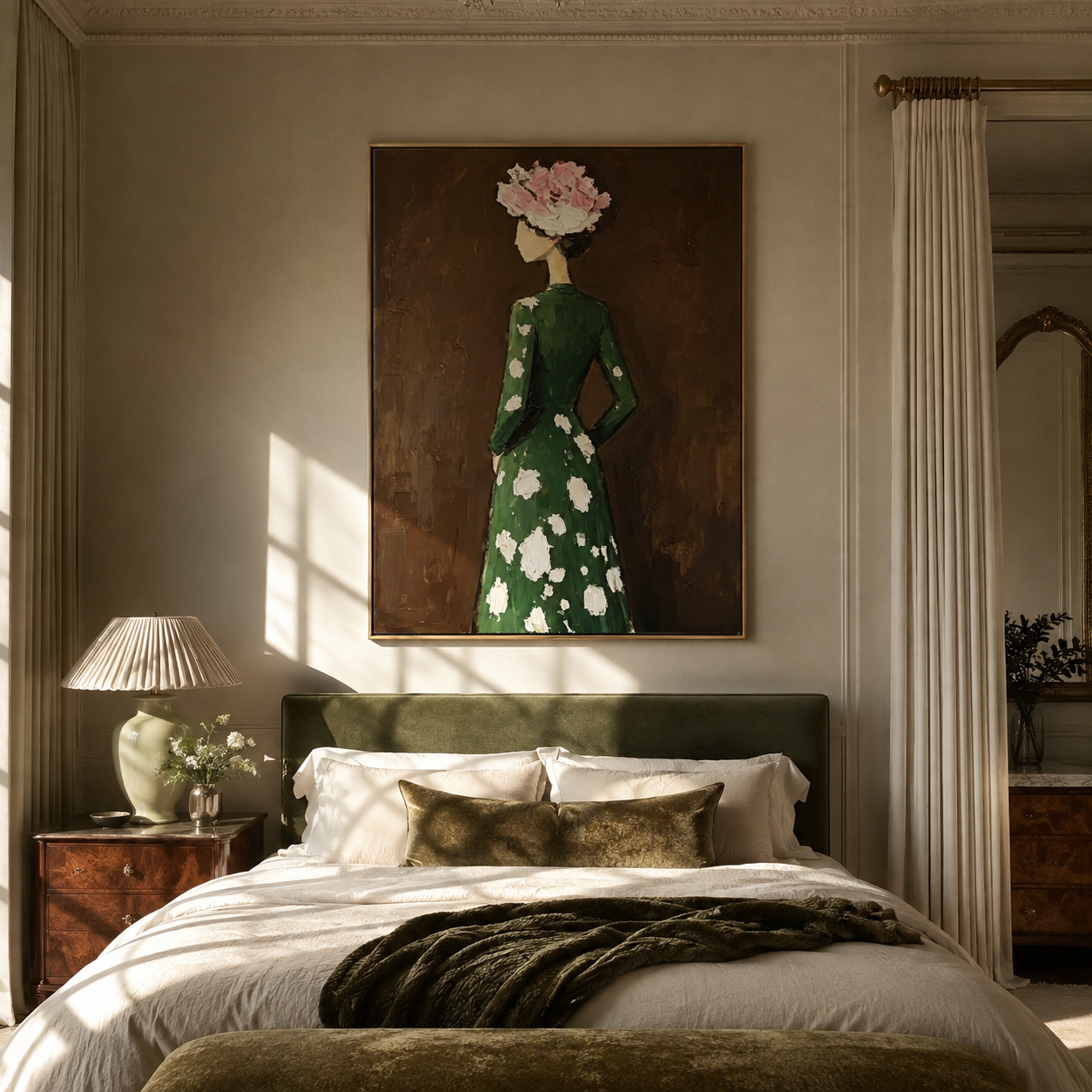 White Flowers Turn Away - woman floral back portrait by Marcus Lau, retro modern vertical wall art – styled room scene view 5