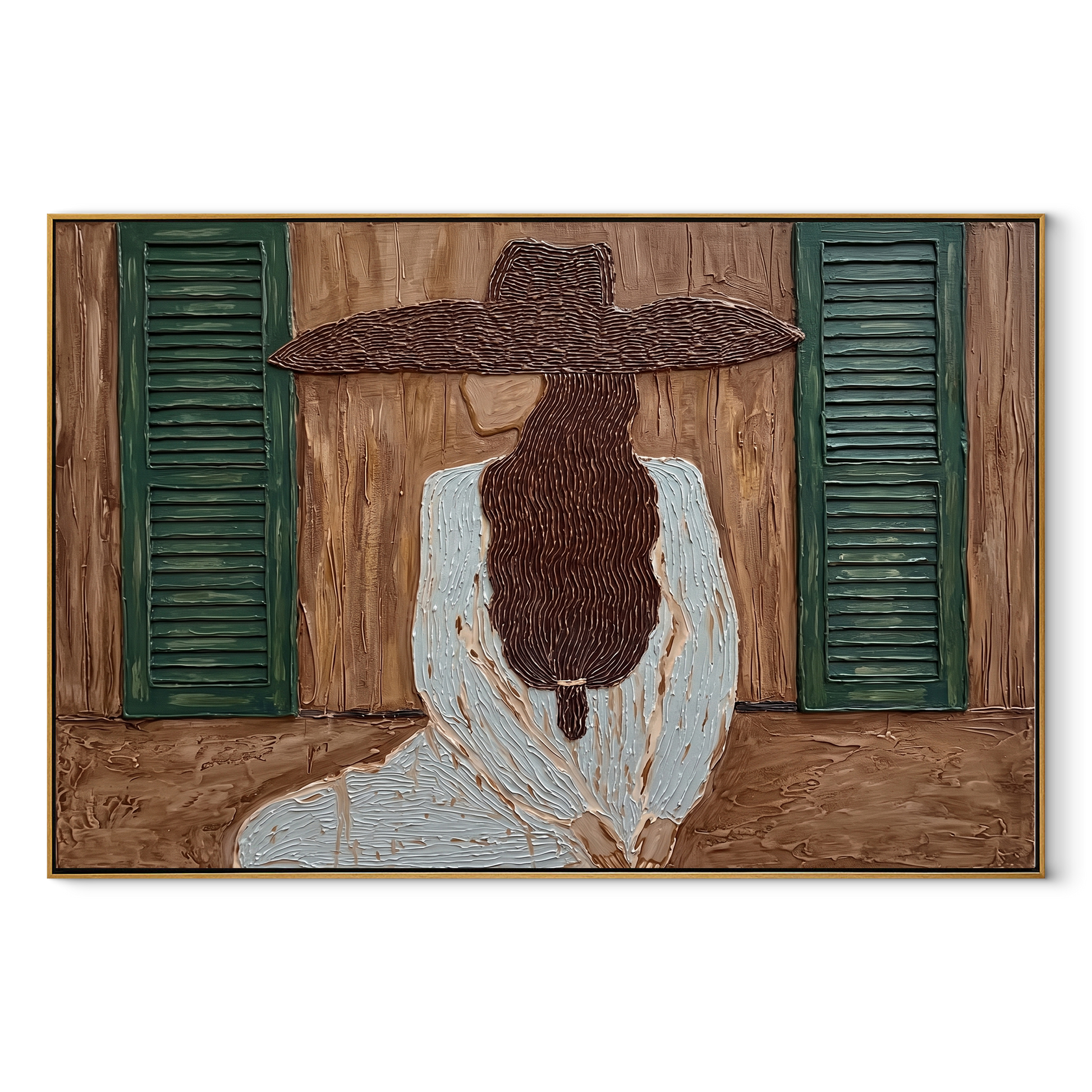 Green Shutters Hold Secrets - woman window back portrait by Marcus Lau, retro modern horizontal wall art – wood frame on white background