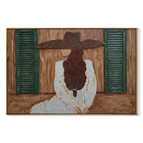 Green Shutters Hold Secrets - woman window back portrait by Marcus Lau, retro modern horizontal wall art – wood frame on white background