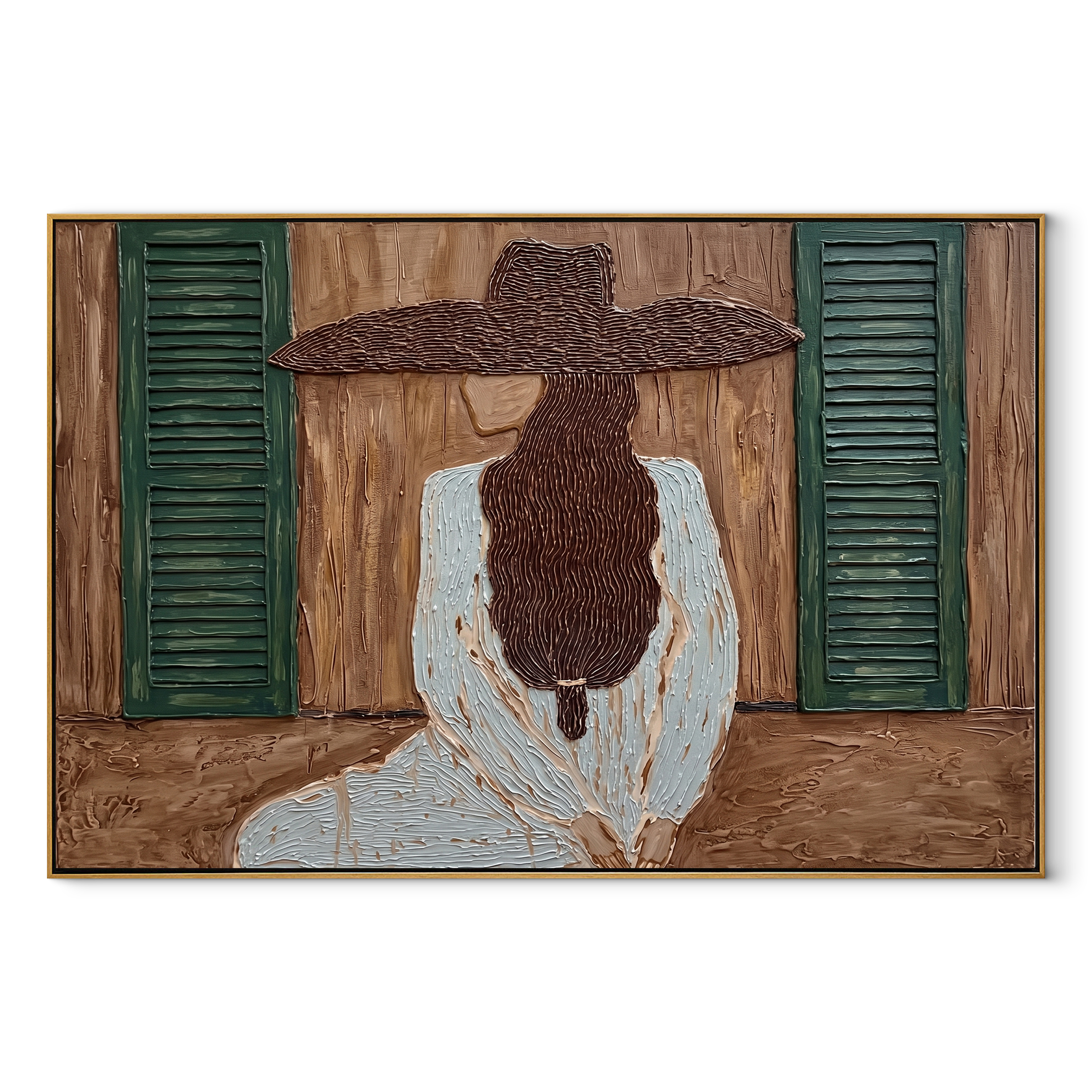 Green Shutters Hold Secrets - woman window back portrait by Marcus Lau, retro modern horizontal wall art – wood frame on white background
