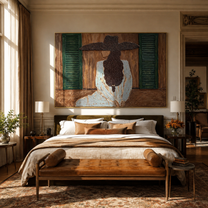 Green Shutters Hold Secrets - woman window back portrait by Marcus Lau, retro modern horizontal wall art – styled room scene view 2
