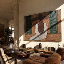 Green Shutters Hold Secrets - woman window back portrait by Marcus Lau, retro modern horizontal wall art – styled room scene view 3