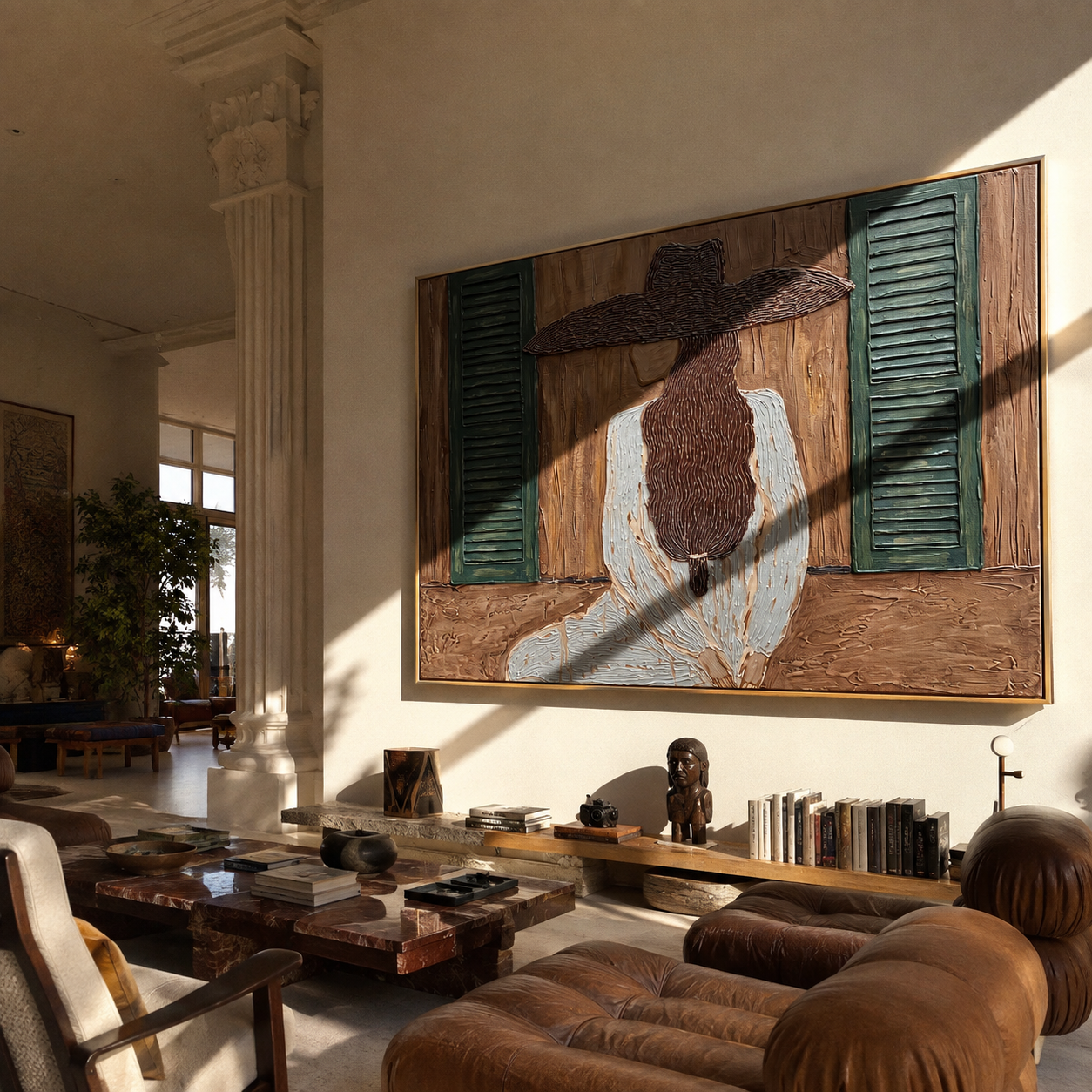 Green Shutters Hold Secrets - woman window back portrait by Marcus Lau, retro modern horizontal wall art – styled room scene view 3