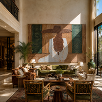 Green Shutters Hold Secrets - woman window back portrait by Marcus Lau, retro modern horizontal wall art – styled room scene view 4