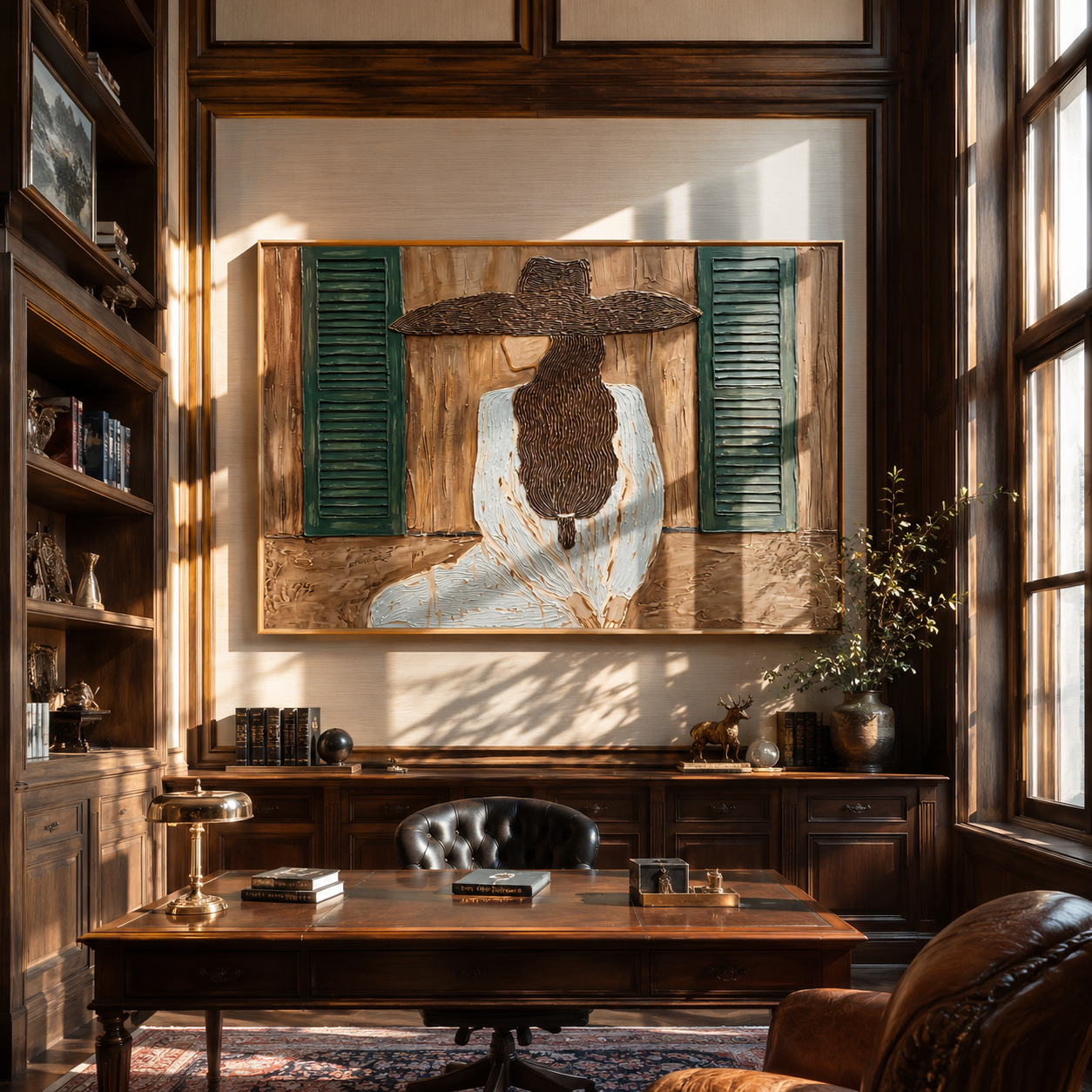 Green Shutters Hold Secrets - woman window back portrait by Marcus Lau, retro modern horizontal wall art – styled room scene view 5