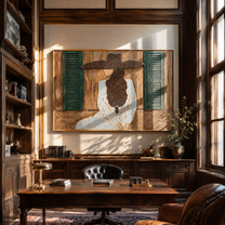 Green Shutters Hold Secrets - woman window back portrait by Marcus Lau, retro modern horizontal wall art – styled room scene view 5