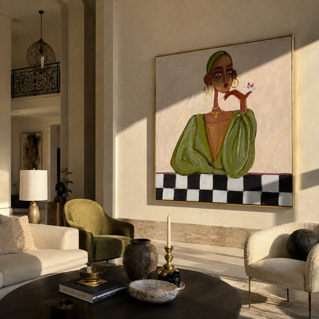 Checkered Table Frames Olive - fashion woman table portrait by Marcus Lau, retro modern square wall art – styled room scene view 1