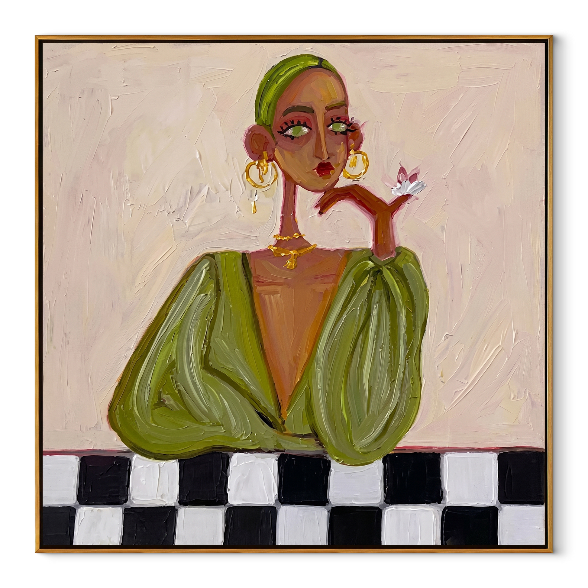 Checkered Table Frames Olive - fashion woman table portrait by Marcus Lau, retro modern square wall art – wood frame on white background