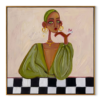 Checkered Table Frames Olive - fashion woman table portrait by Marcus Lau, retro modern square wall art – wood frame on white background