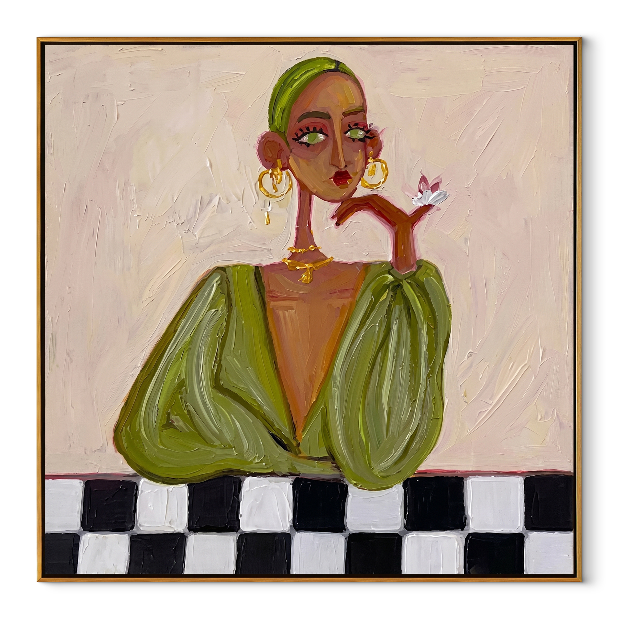Checkered Table Frames Olive - fashion woman table portrait by Marcus Lau, retro modern square wall art – wood frame on white background