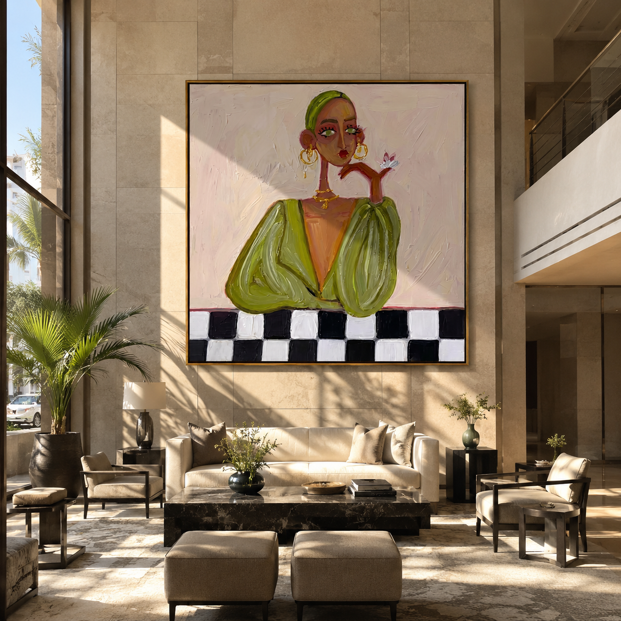 Checkered Table Frames Olive - fashion woman table portrait by Marcus Lau, retro modern square wall art – styled room scene view 2