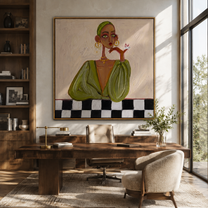 Checkered Table Frames Olive - fashion woman table portrait by Marcus Lau, retro modern square wall art – styled room scene view 3