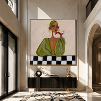 Checkered Table Frames Olive - fashion woman table portrait by Marcus Lau, retro modern square wall art – styled room scene view 4