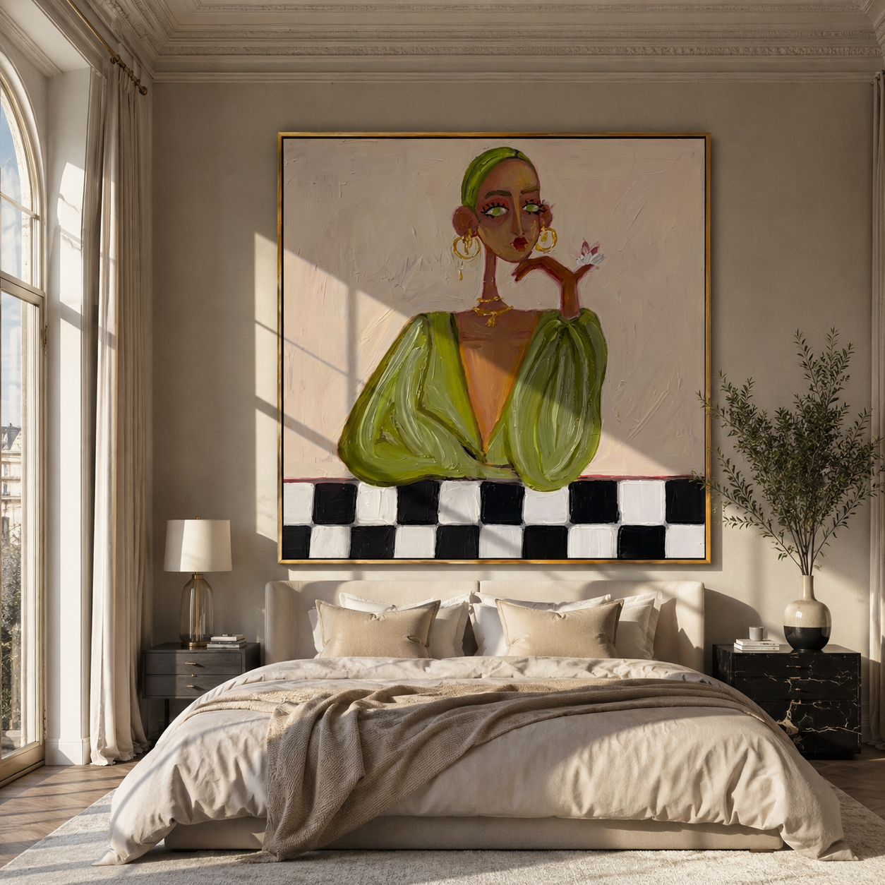 Checkered Table Frames Olive - fashion woman table portrait by Marcus Lau, retro modern square wall art – styled room scene view 5