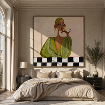 Checkered Table Frames Olive - fashion woman table portrait by Marcus Lau, retro modern square wall art – styled room scene view 5
