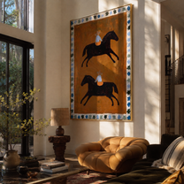 Two Riders Circle Ochre - two horse rider folk painting by Marcus Lau, retro modern vertical wall art – styled room scene view 1