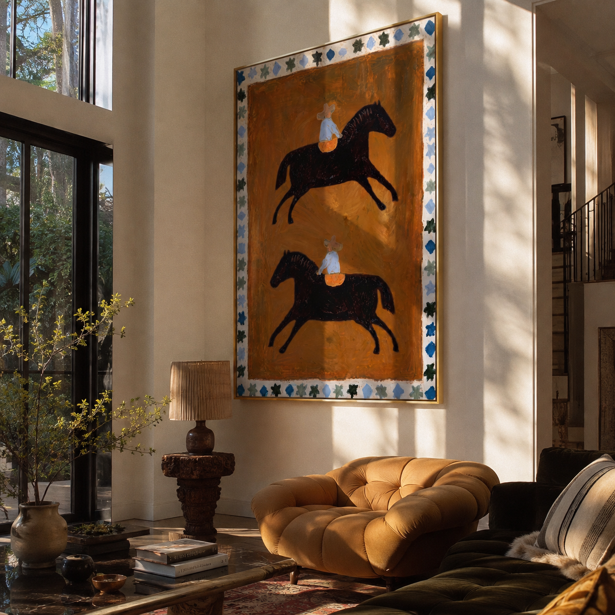 Two Riders Circle Ochre - two horse rider folk painting by Marcus Lau, retro modern vertical wall art – styled room scene view 1