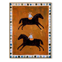 Two Riders Circle Ochre - two horse rider folk painting by Marcus Lau, retro modern vertical wall art – wood frame on white background