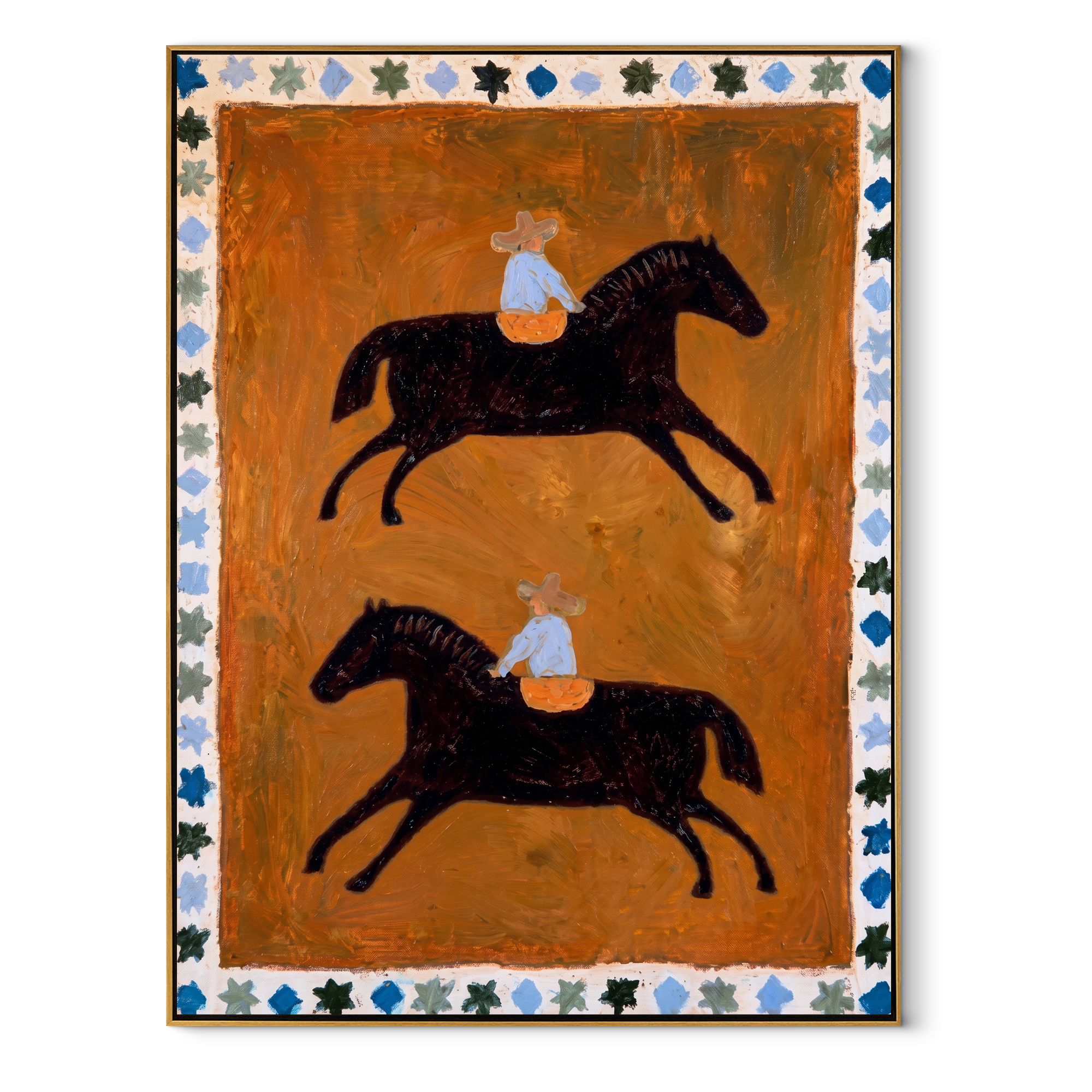 Two Riders Circle Ochre - two horse rider folk painting by Marcus Lau, retro modern vertical wall art – wood frame on white background