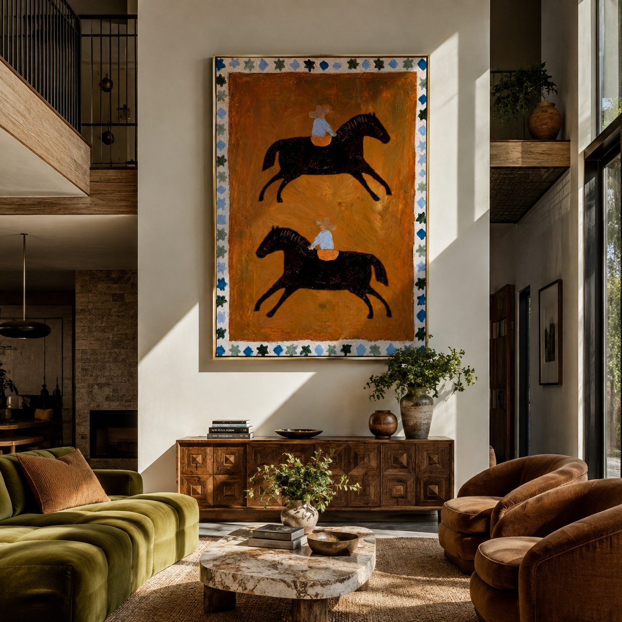 Two Riders Circle Ochre - two horse rider folk painting by Marcus Lau, retro modern vertical wall art – styled room scene view 2