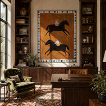 Two Riders Circle Ochre - two horse rider folk painting by Marcus Lau, retro modern vertical wall art – styled room scene view 3