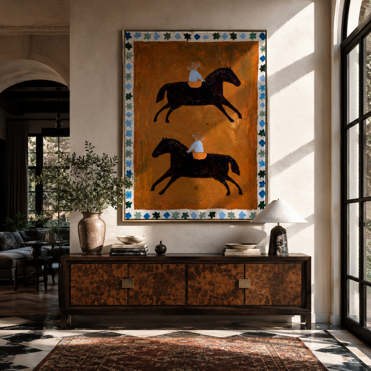 Two Riders Circle Ochre - two horse rider folk painting by Marcus Lau, retro modern vertical wall art – styled room scene view 4