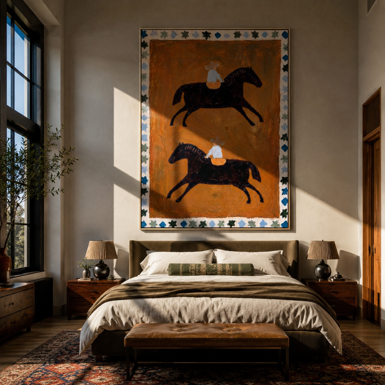 Two Riders Circle Ochre - two horse rider folk painting by Marcus Lau, retro modern vertical wall art – styled room scene view 5