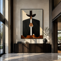 Black Hat Holds Whiskey - cowboy whiskey portrait painting by Marcus Lau, retro modern vertical wall art – styled room scene view 1