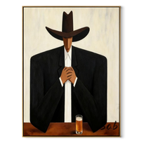 Black Hat Holds Whiskey - cowboy whiskey portrait painting by Marcus Lau, retro modern vertical wall art – wood frame on white background