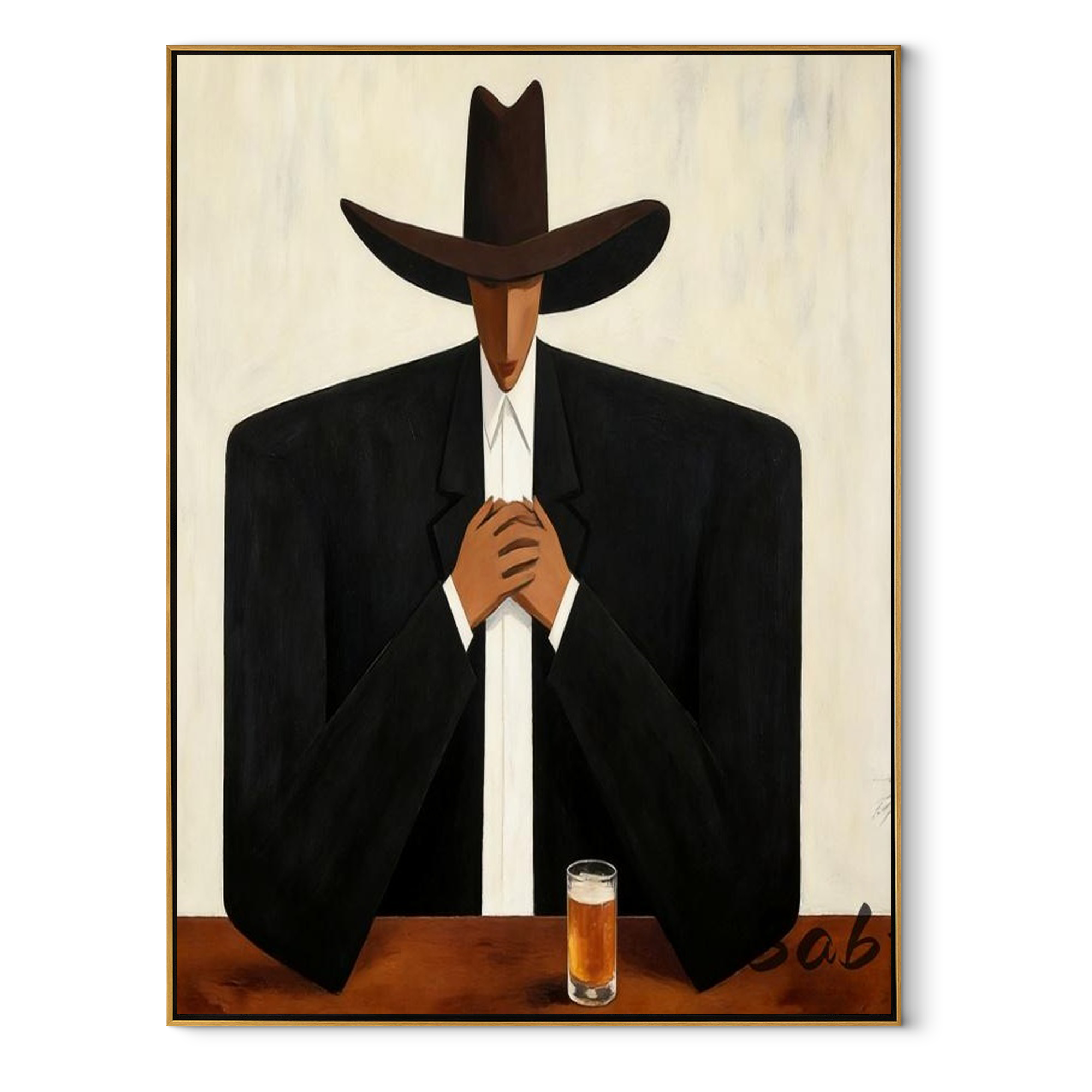 Black Hat Holds Whiskey - cowboy whiskey portrait painting by Marcus Lau, retro modern vertical wall art – wood frame on white background
