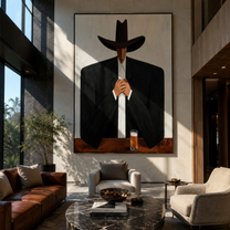 Black Hat Holds Whiskey - cowboy whiskey portrait painting by Marcus Lau, retro modern vertical wall art – styled room scene view 2