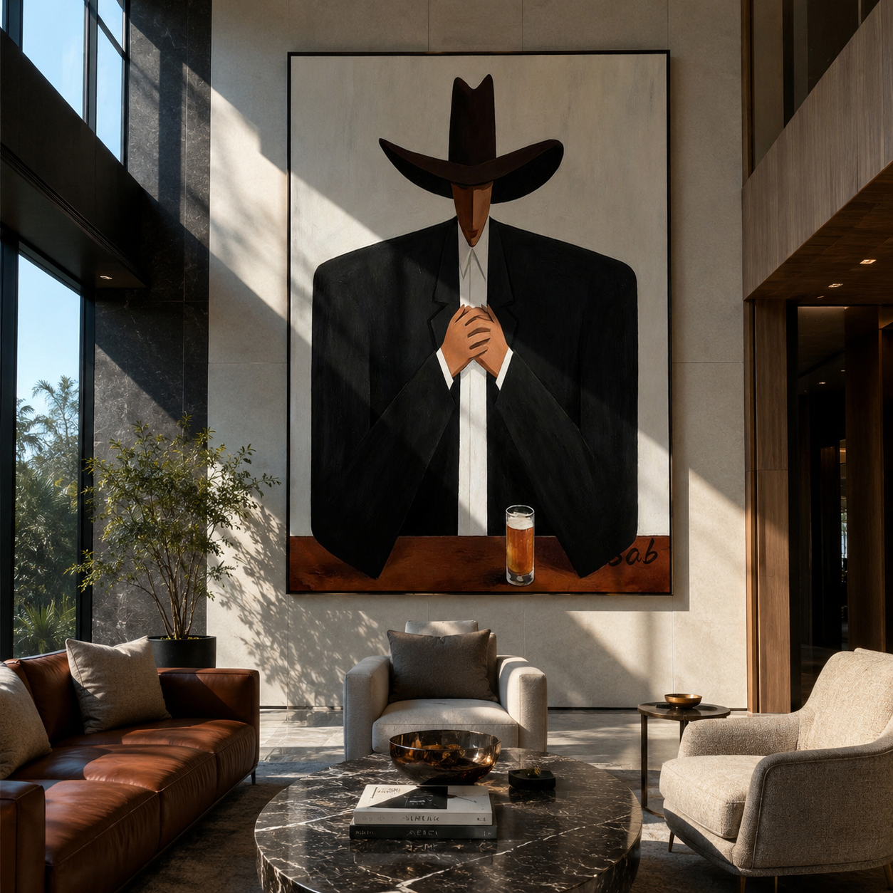 Black Hat Holds Whiskey - cowboy whiskey portrait painting by Marcus Lau, retro modern vertical wall art – styled room scene view 2