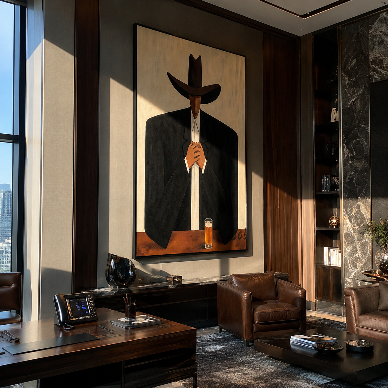 Black Hat Holds Whiskey - cowboy whiskey portrait painting by Marcus Lau, retro modern vertical wall art – styled room scene view 3