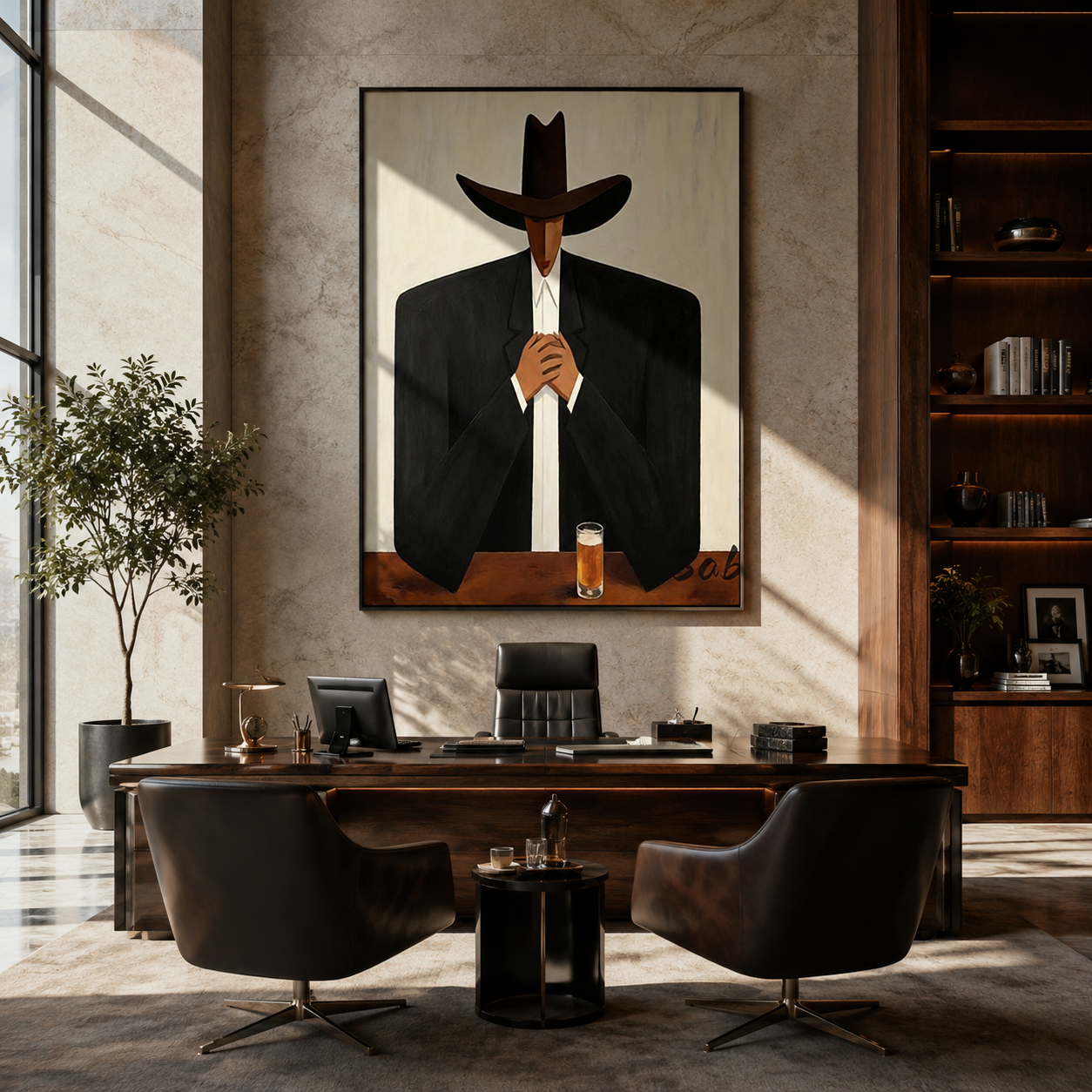 Black Hat Holds Whiskey - cowboy whiskey portrait painting by Marcus Lau, retro modern vertical wall art – styled room scene view 4