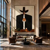 Black Hat Holds Whiskey - cowboy whiskey portrait painting by Marcus Lau, retro modern vertical wall art – styled room scene view 5