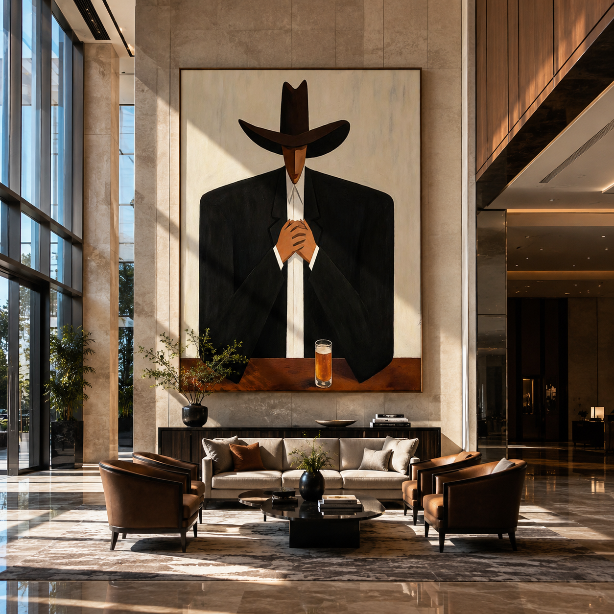 Black Hat Holds Whiskey - cowboy whiskey portrait painting by Marcus Lau, retro modern vertical wall art – styled room scene view 5