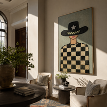 Silver Star Guards Checkers - cowgirl checkerboard portrait by Marcus Lau, retro modern vertical wall art – styled room scene view 1