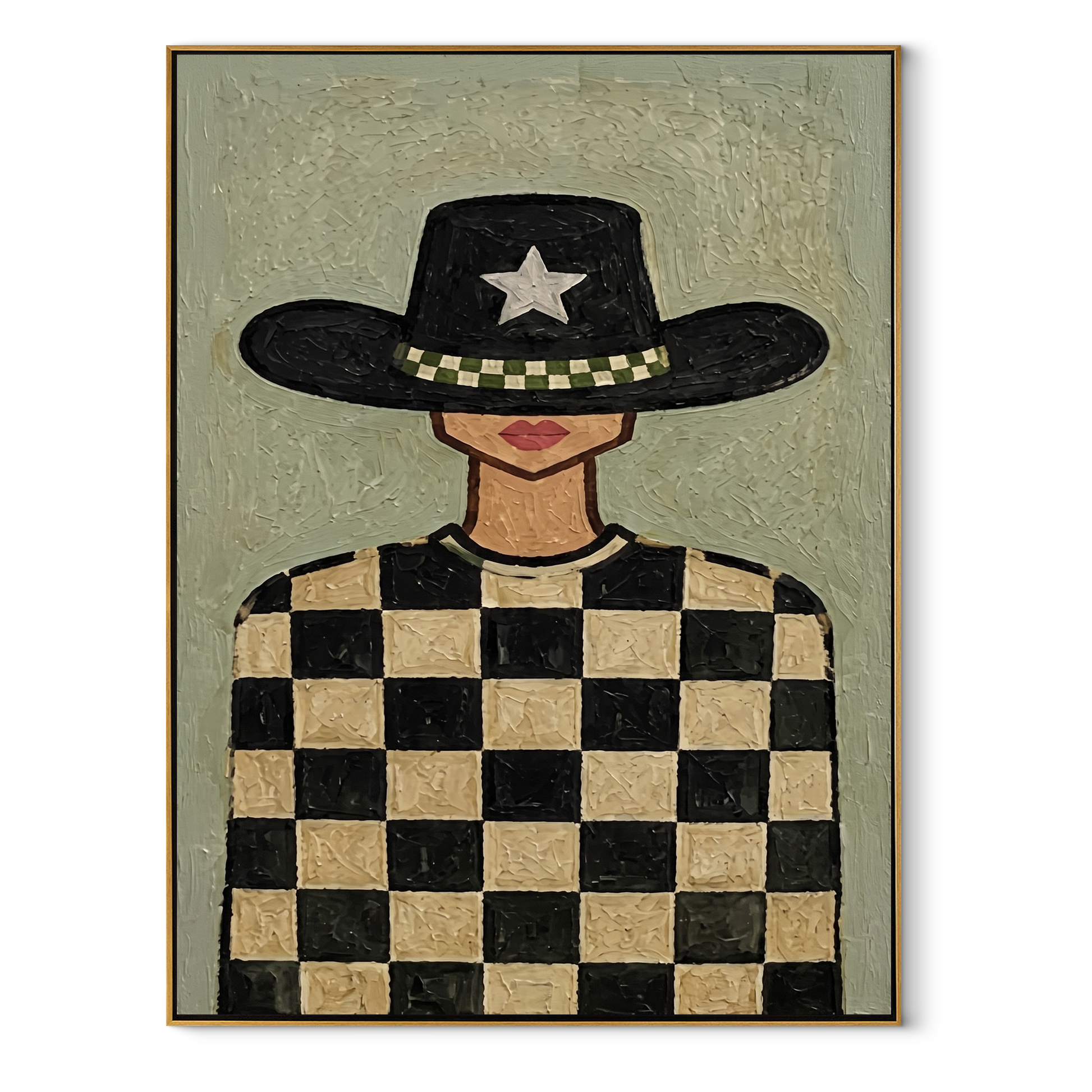 Silver Star Guards Checkers - cowgirl checkerboard portrait by Marcus Lau, retro modern vertical wall art – wood frame on white background