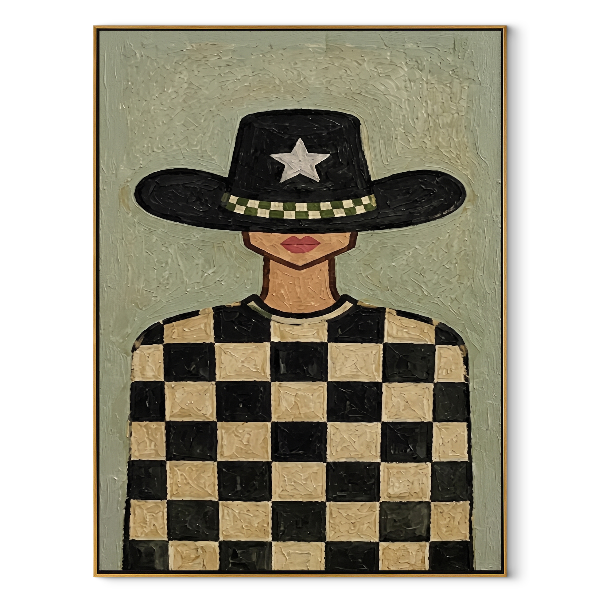 Silver Star Guards Checkers - cowgirl checkerboard portrait by Marcus Lau, retro modern vertical wall art – wood frame on white background