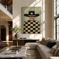 Silver Star Guards Checkers - cowgirl checkerboard portrait by Marcus Lau, retro modern vertical wall art – styled room scene view 2