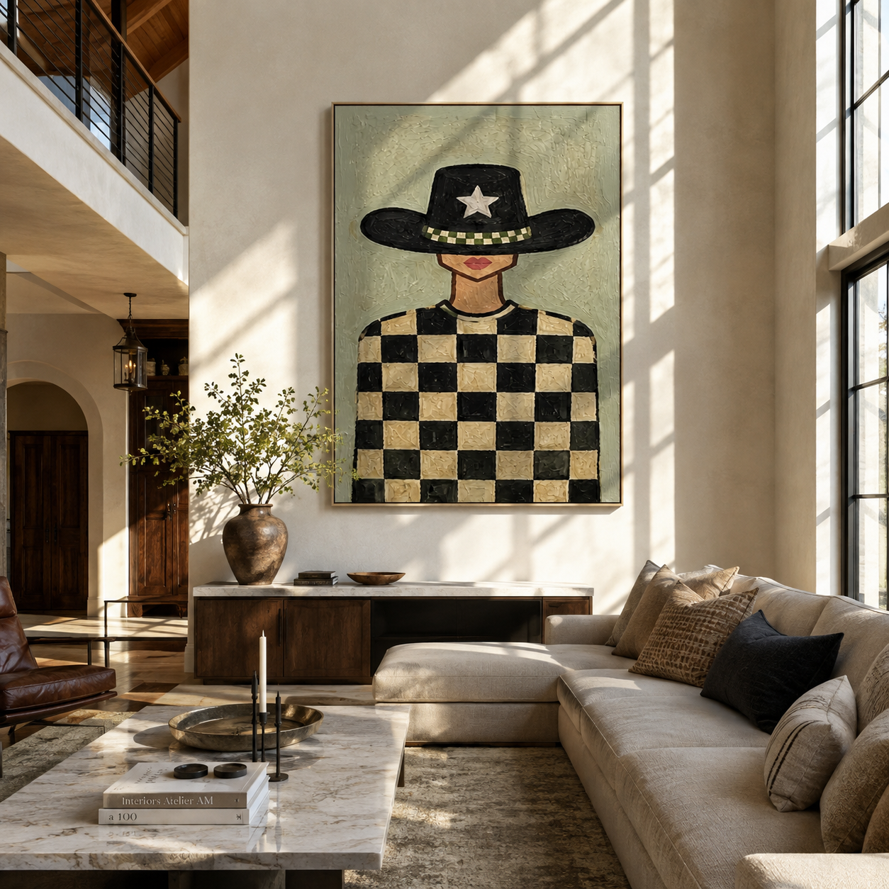 Silver Star Guards Checkers - cowgirl checkerboard portrait by Marcus Lau, retro modern vertical wall art – styled room scene view 2