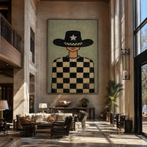 Silver Star Guards Checkers - cowgirl checkerboard portrait by Marcus Lau, retro modern vertical wall art – styled room scene view 3