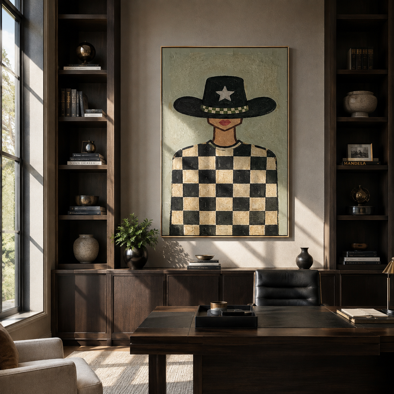Silver Star Guards Checkers - cowgirl checkerboard portrait by Marcus Lau, retro modern vertical wall art – styled room scene view 4