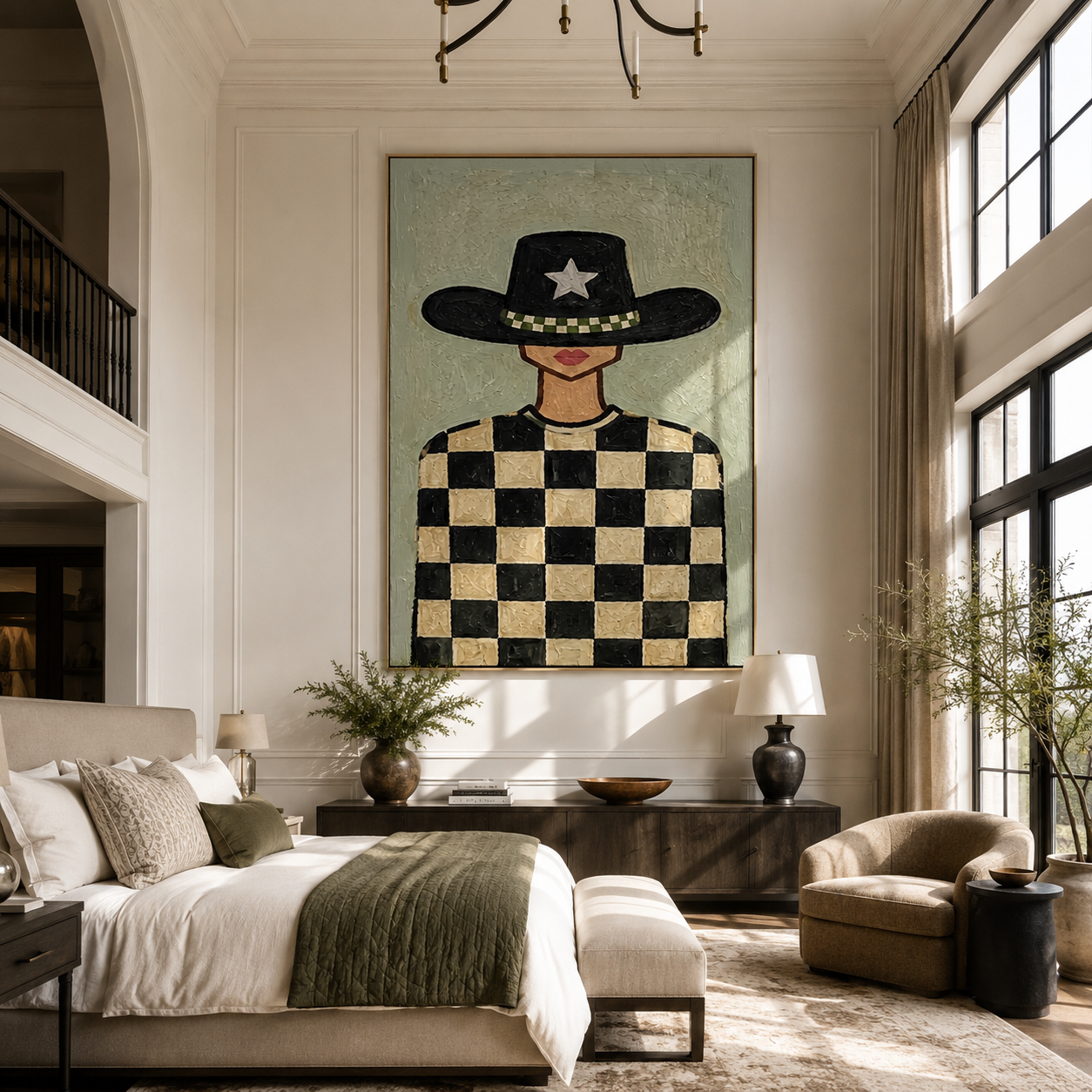 Silver Star Guards Checkers - cowgirl checkerboard portrait by Marcus Lau, retro modern vertical wall art – styled room scene view 5