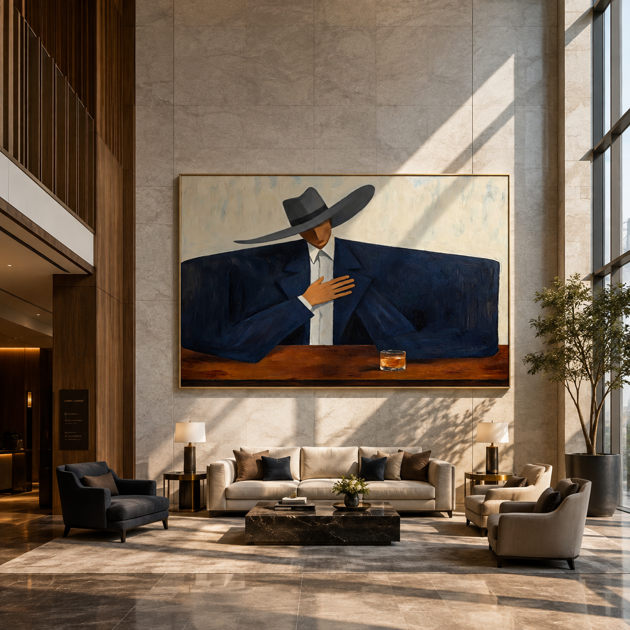 Blue Shoulders Wait Quietly - cowboy bar portrait painting by Marcus Lau, retro modern horizontal wall art – styled room scene view 1