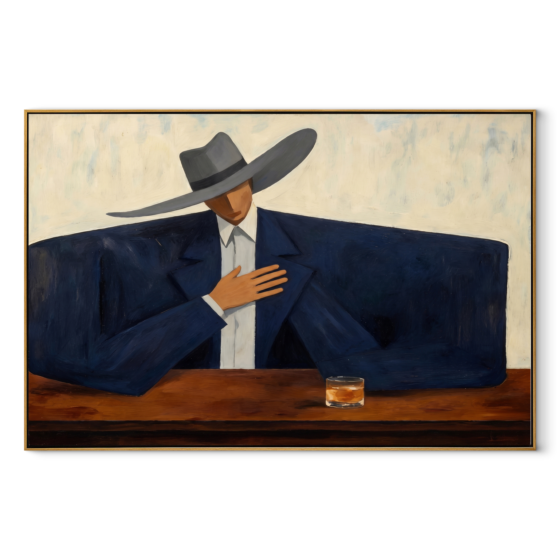 Blue Shoulders Wait Quietly - cowboy bar portrait painting by Marcus Lau, retro modern horizontal wall art – wood frame on white background