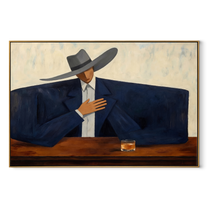 Blue Shoulders Wait Quietly - cowboy bar portrait painting by Marcus Lau, retro modern horizontal wall art – wood frame on white background